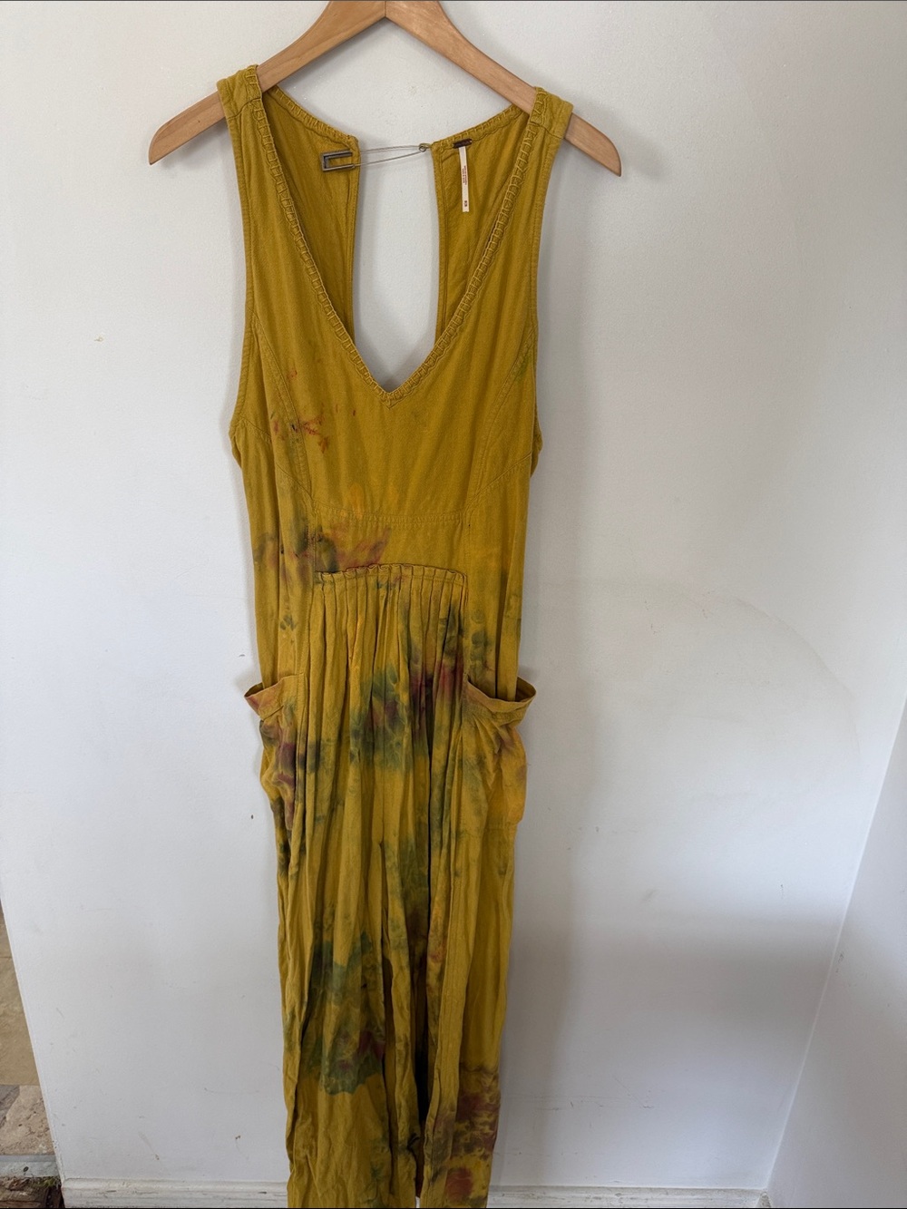 Free People Mustard Yellow Sleeveless V-Neck jumpsuit . CUSTOM TIE DYE